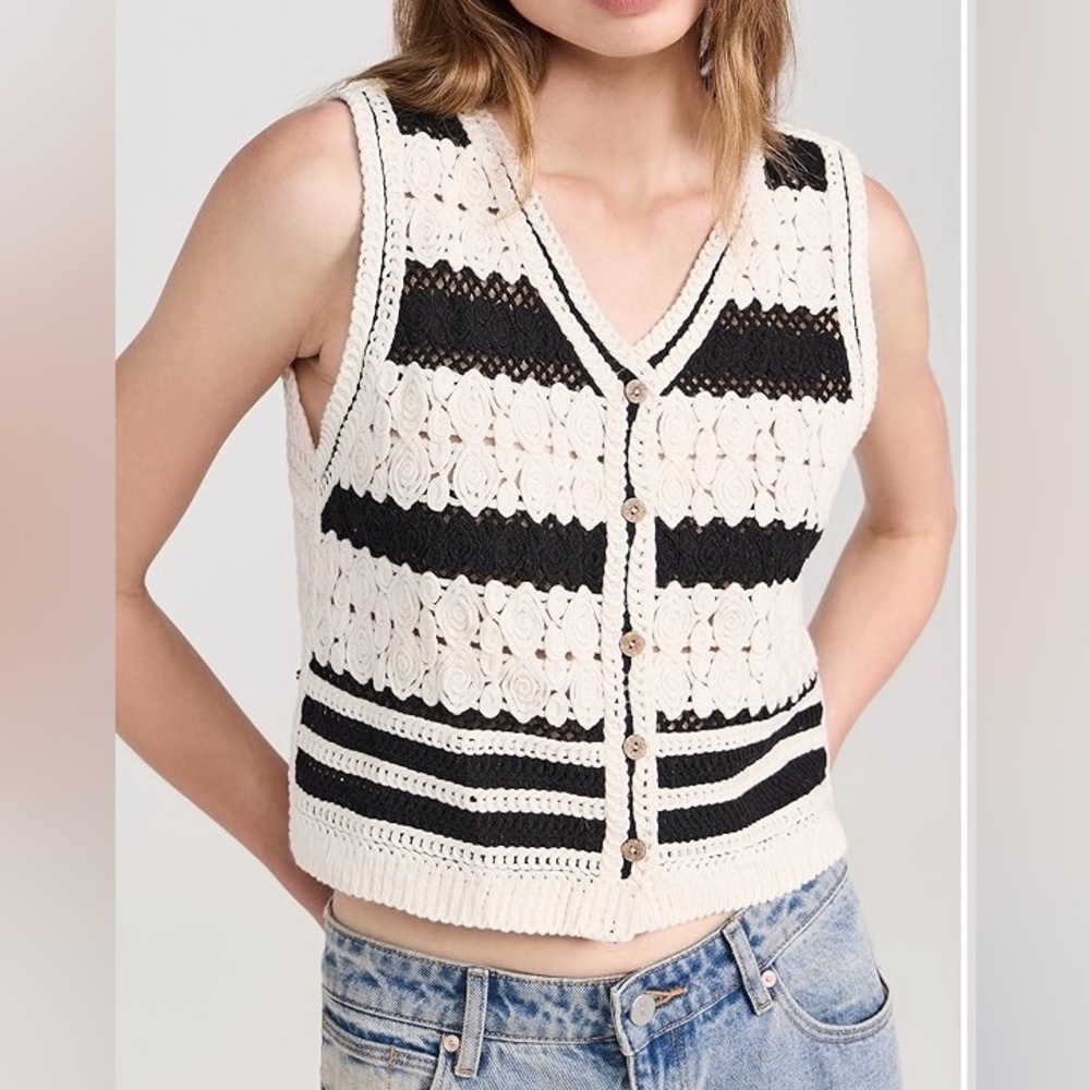 Vici Women’s Black and Cream Striped Crochet Button-Up Vest Size Medium